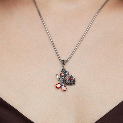 Red Garnet Silver Butterfly Necklace