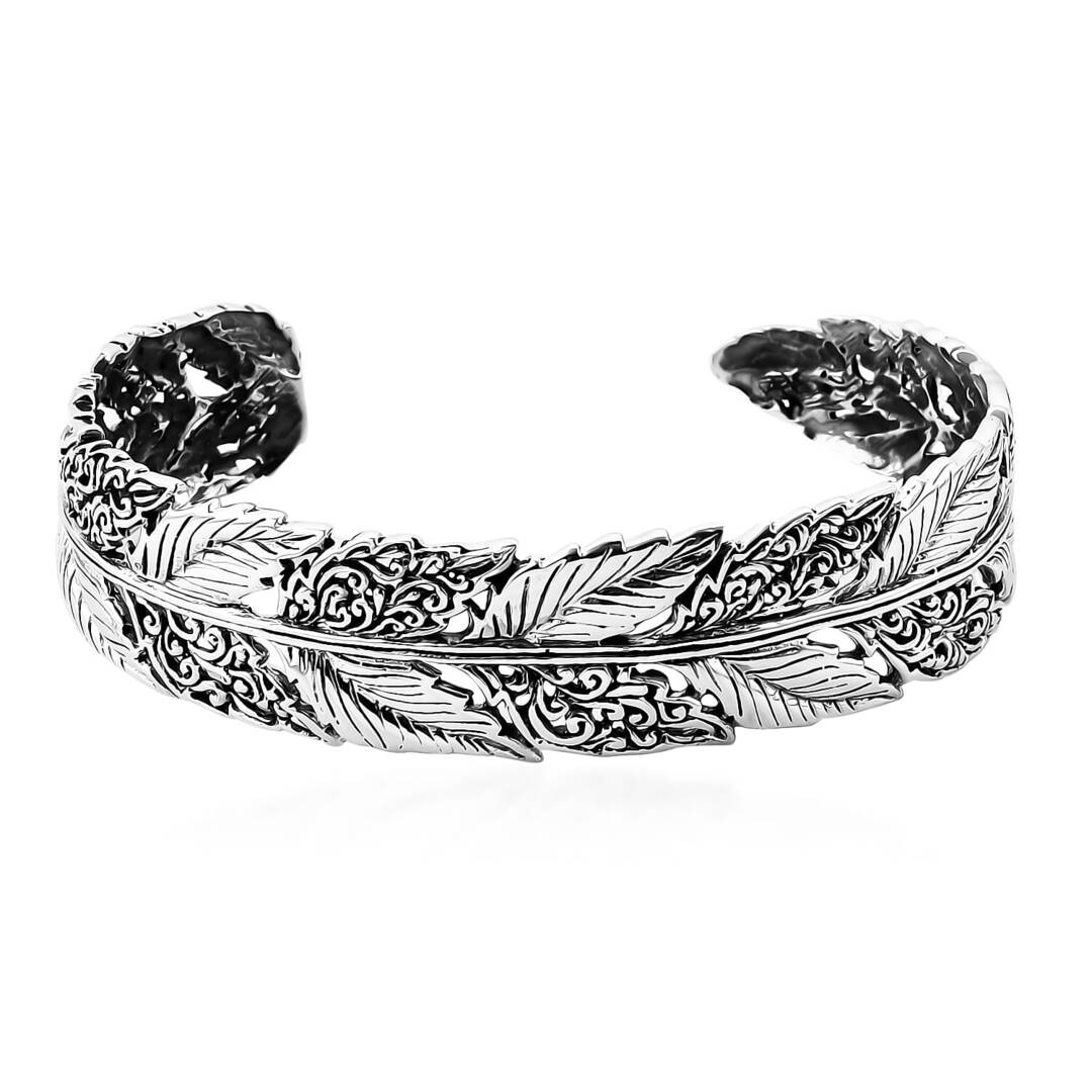 Bali Legacy Sterling Silver Ginkgo Leaf and Feather Cuff Bracelets