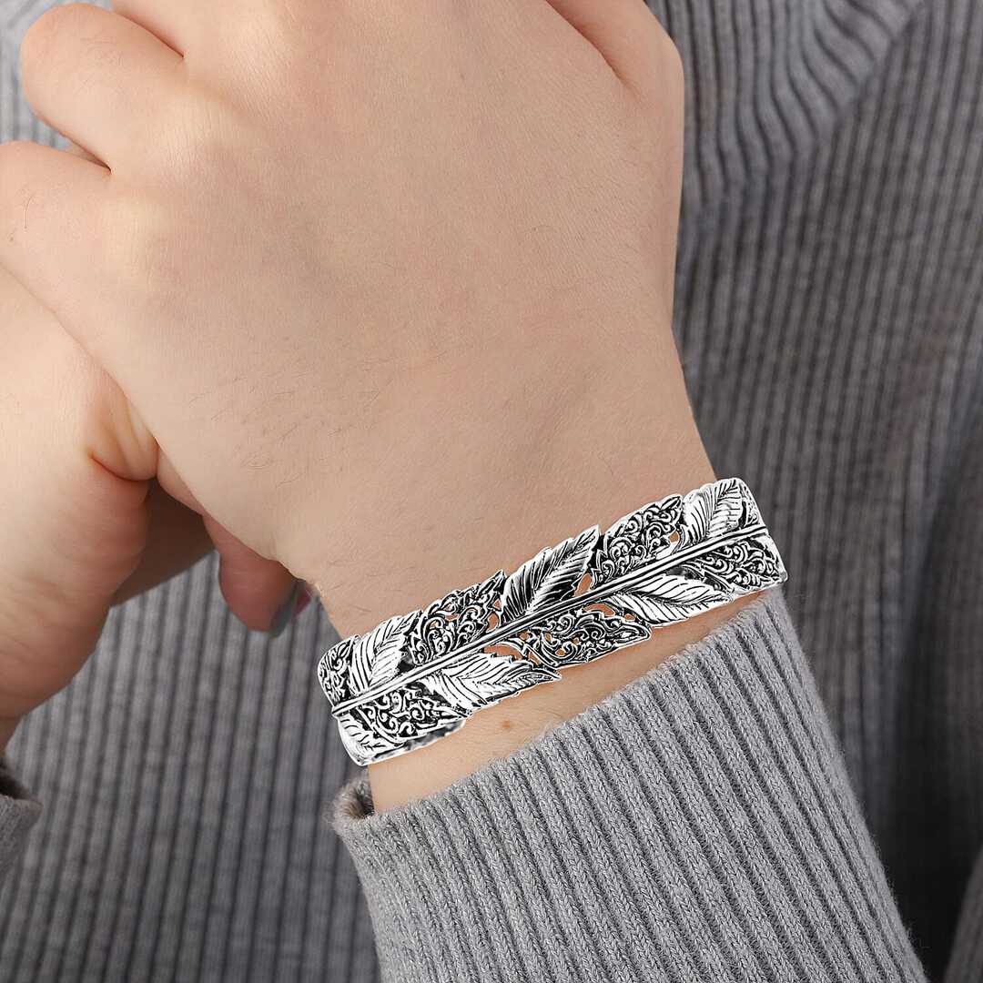 Bali Legacy Sterling Silver Ginkgo Leaf and Feather Cuff Bracelets
