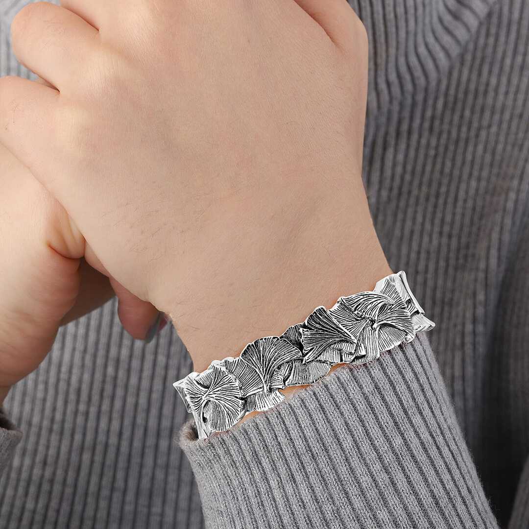 Bali Legacy Sterling Silver Ginkgo Leaf and Feather Cuff Bracelets