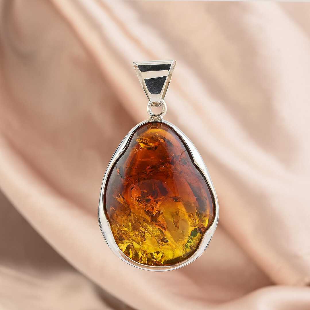 Baltic Amber Sculpted Drop Pendant in Sterling Silver