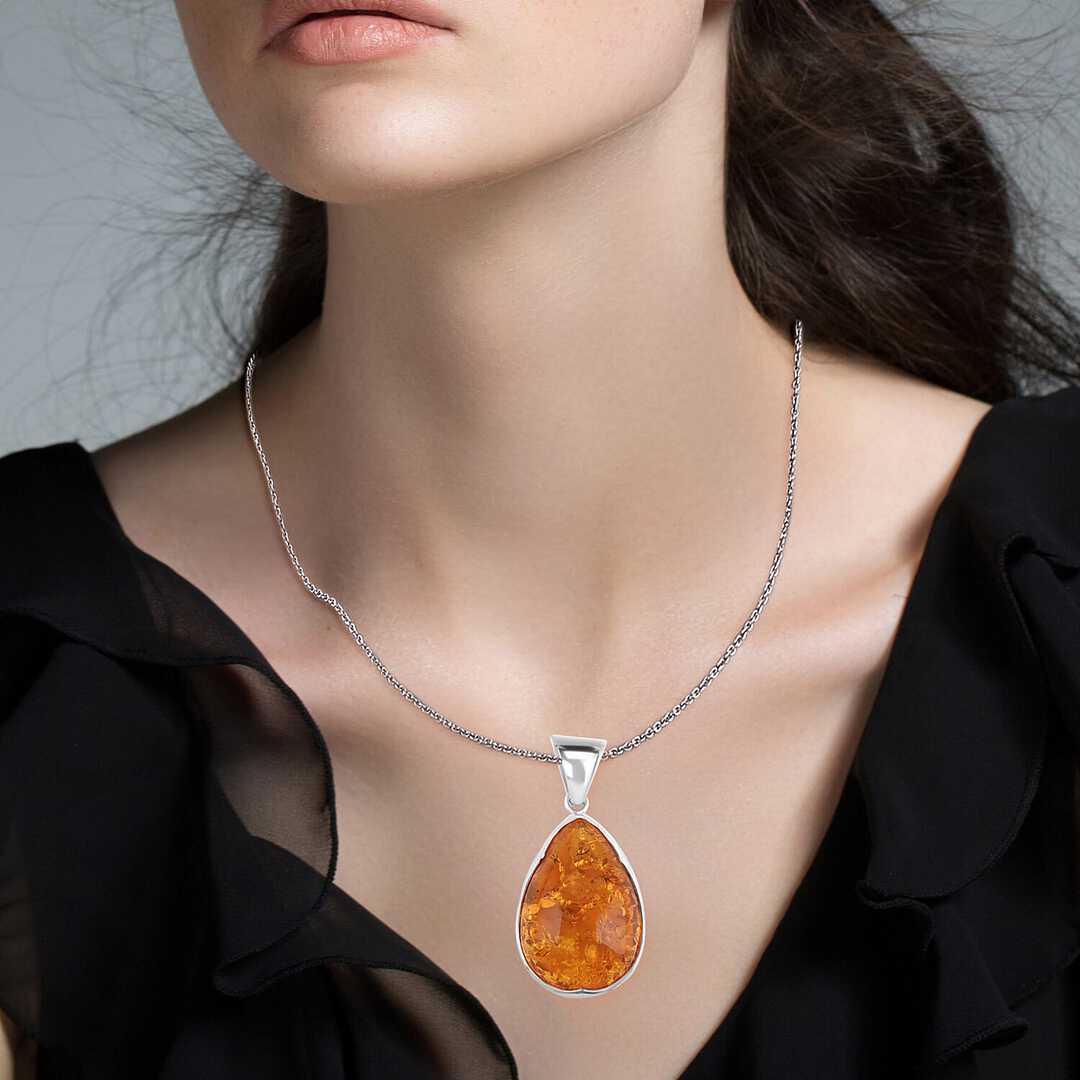 Baltic Amber Smooth Drop Pendant in Sterling Silver