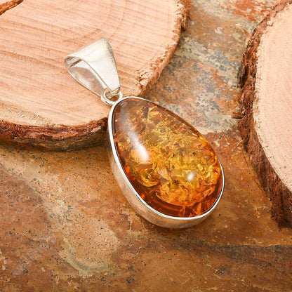 Baltic Amber Designer Teardrop Pendant in Sterling Silver