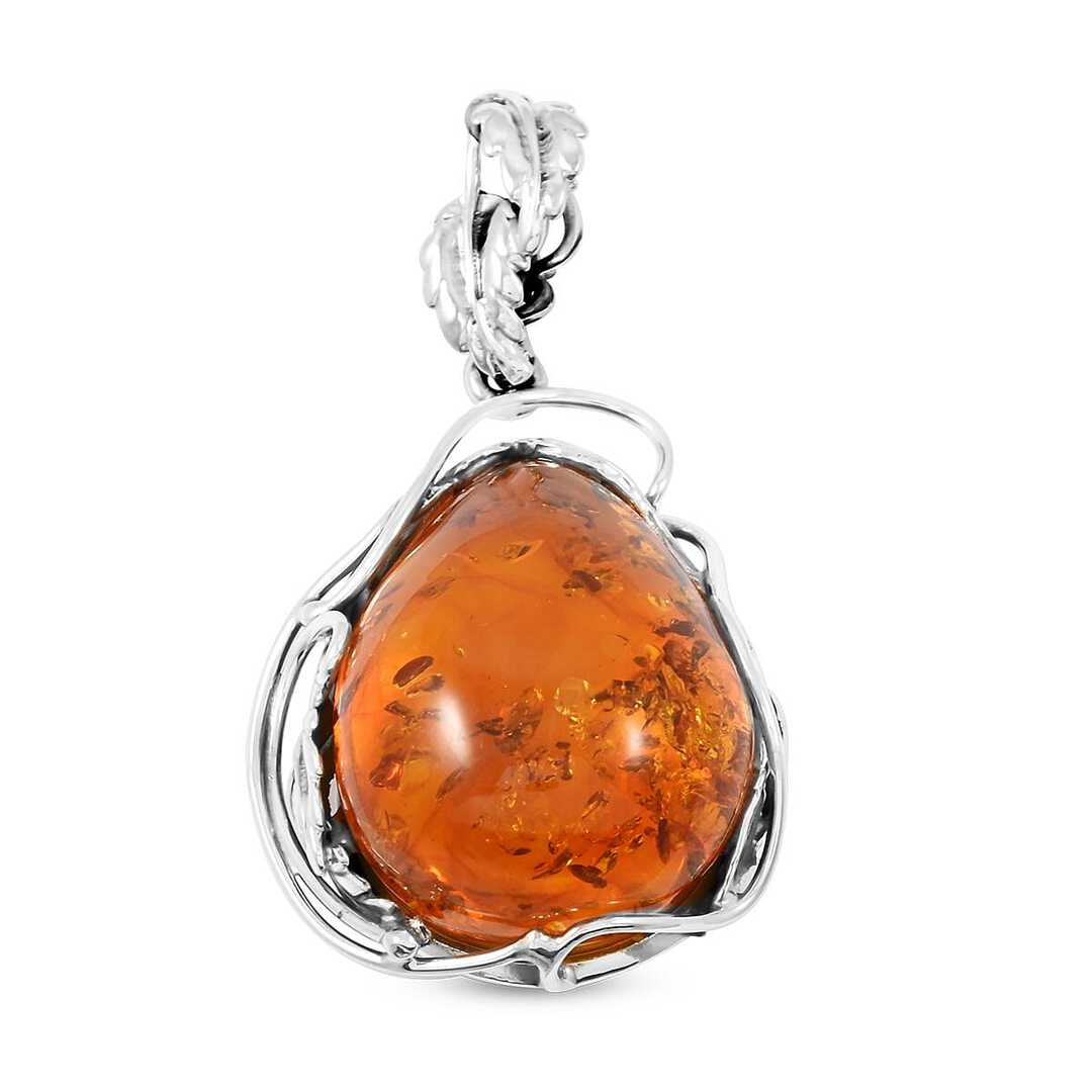 Baltic Amber Polished Drop Pendant in Sterling Silver