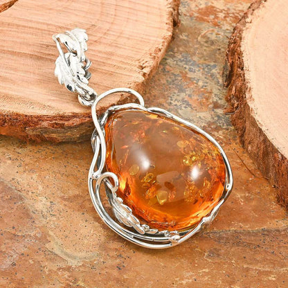 Baltic Amber Polished Drop Pendant in Sterling Silver