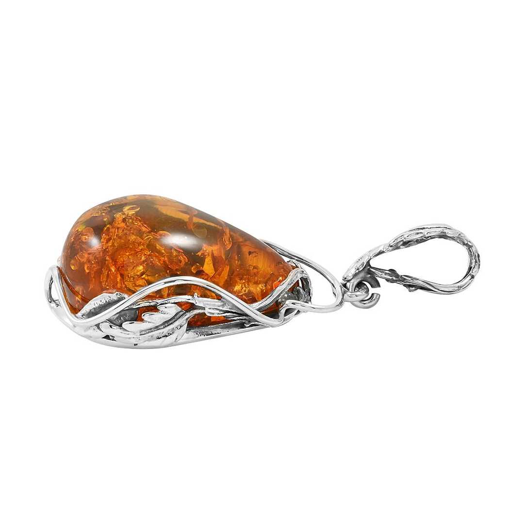 Baltic Amber Polished Drop Pendant in Sterling Silver