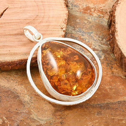 Baltic Amber Designer Drop Pendant in Sterling Silver