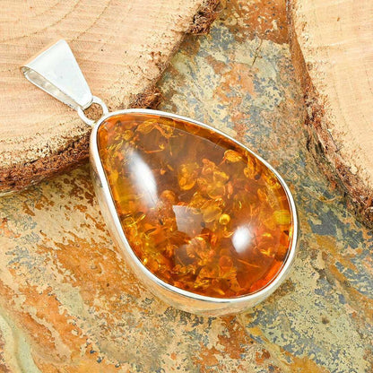 Baltic Amber Curved Drop Pendant in Sterling Silver
