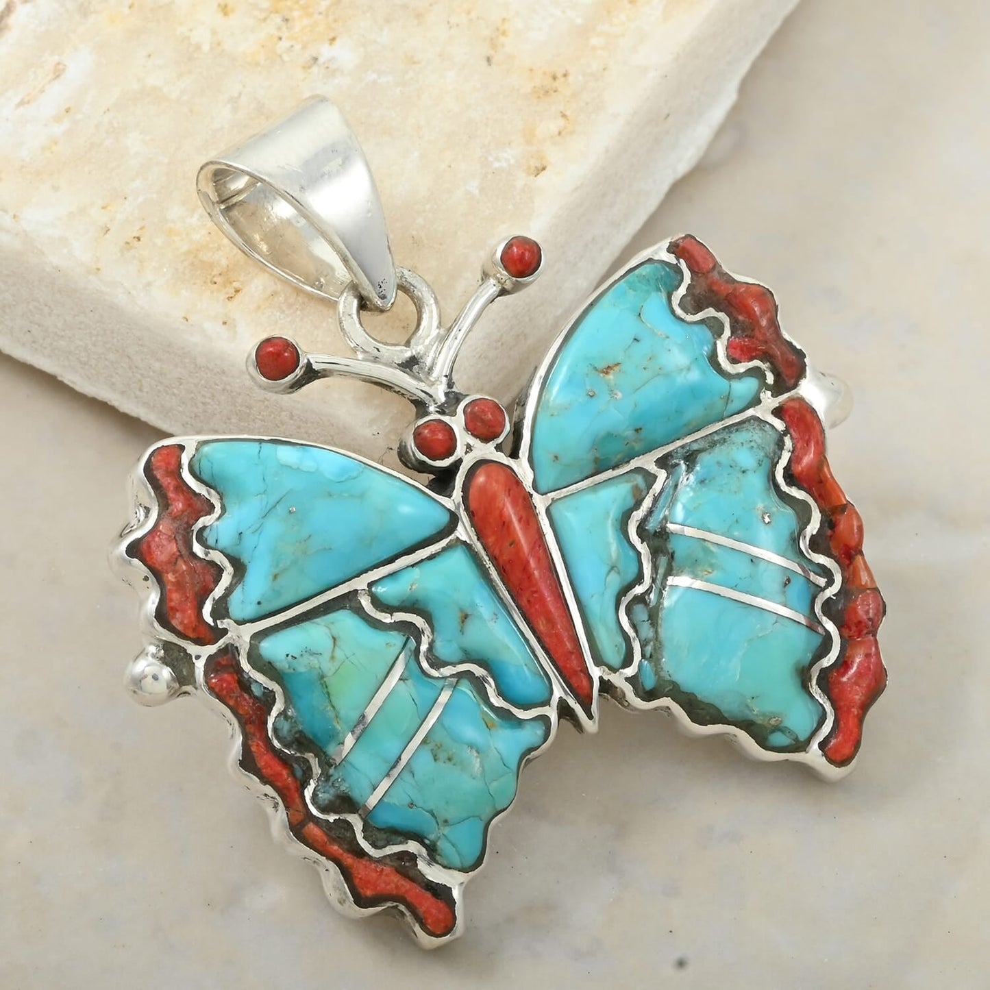 Santa Fe Style Turquoise & Red Coral Butterfly Pendant – A Bold Statement of Southwestern Elegance