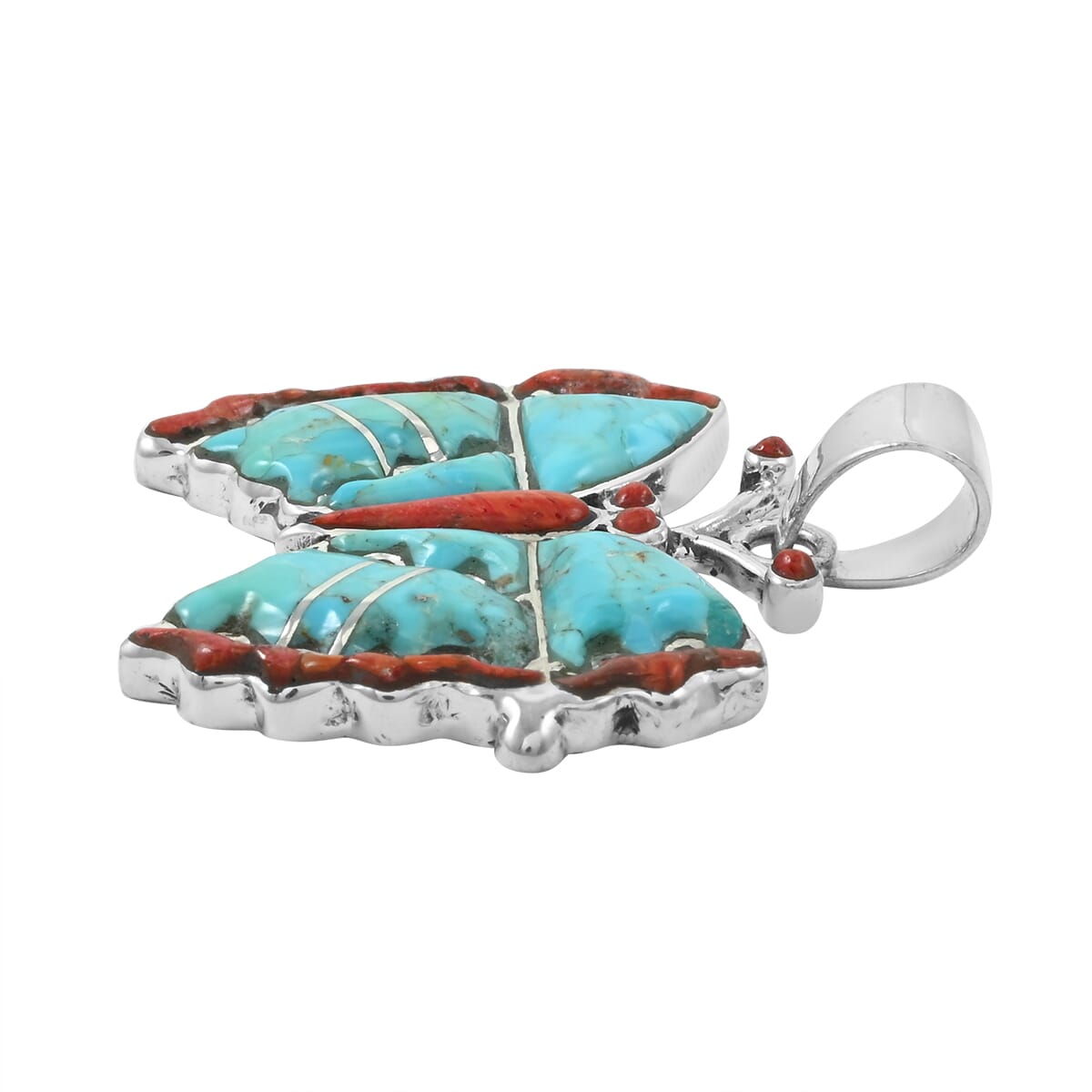 Santa Fe Style Turquoise & Red Coral Butterfly Pendant – A Bold Statement of Southwestern Elegance