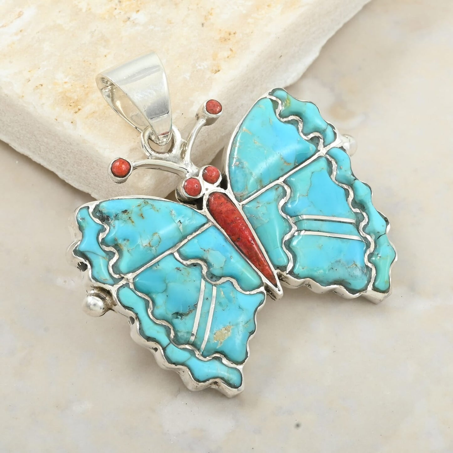 Santa Fe Style Turquoise & Red Coral Butterfly Pendant – A Bold Statement of Southwestern Elegance