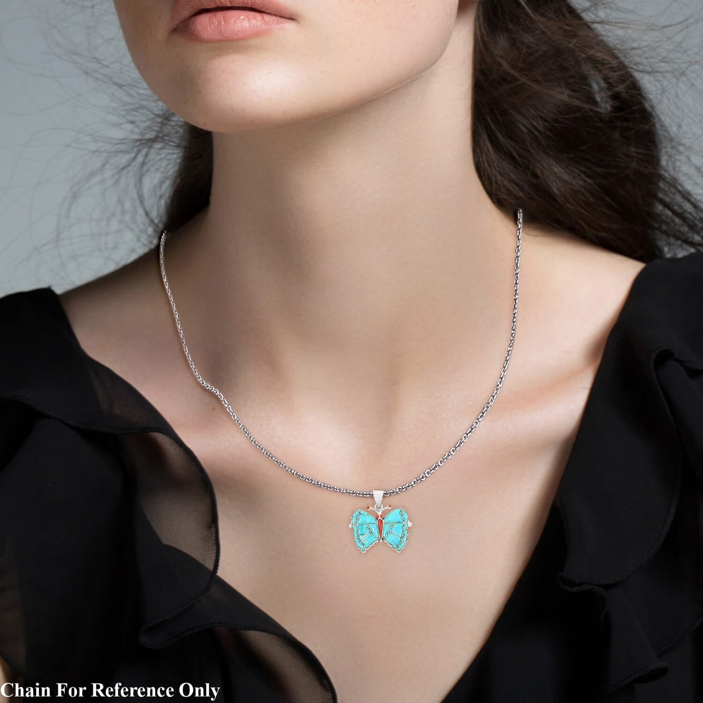 Santa Fe Style Turquoise & Red Coral Butterfly Pendant – A Bold Statement of Southwestern Elegance
