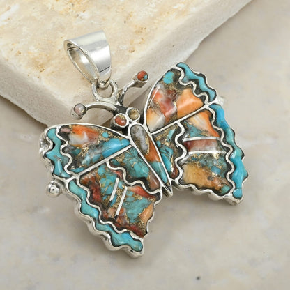 Santa Fe Style Turquoise & Red Coral Butterfly Pendant – A Bold Statement of Southwestern Elegance