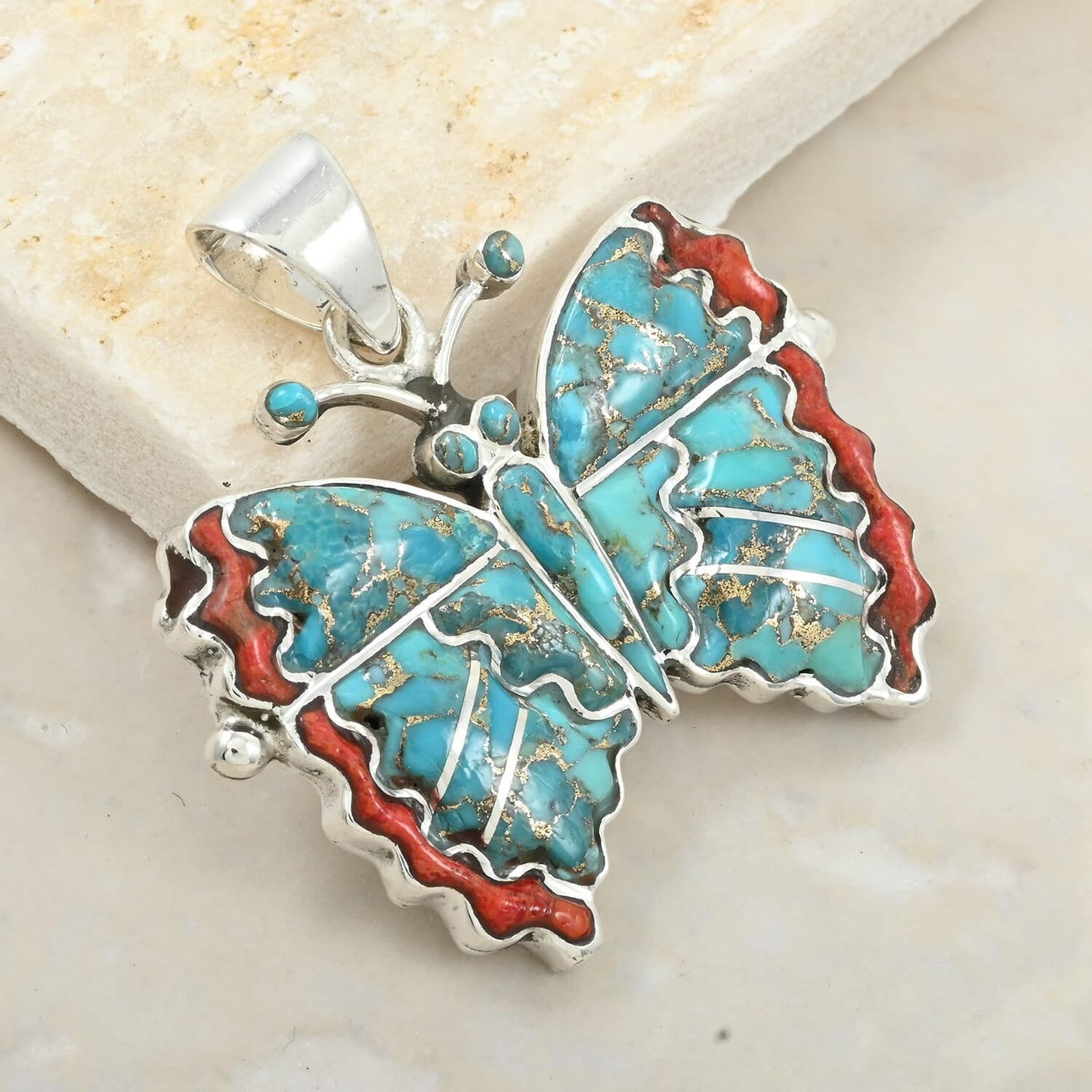 Santa Fe Style Turquoise & Red Coral Butterfly Pendant – A Bold Statement of Southwestern Elegance