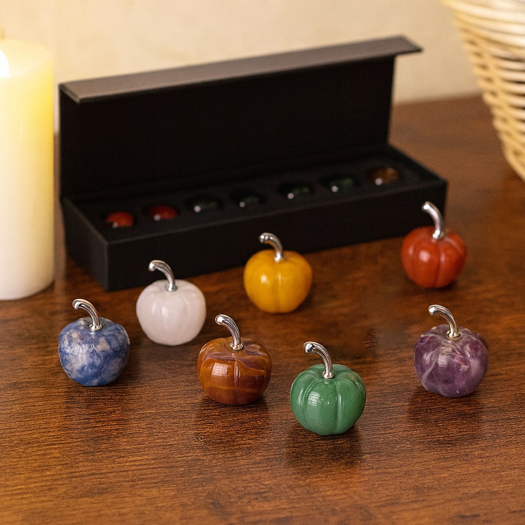 Chakra Mini Pumpkin Set – 7 Stones for Halloween Balance & Protection