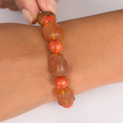 Baltic Amber & Coral Stretch Bracelet — Warm Earth Tones to Uplift Your Style