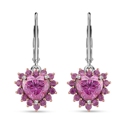 Moissanite & Pink Sapphire Heart Dangle Earrings – Romantic Sparkle & Captivating Brilliance
