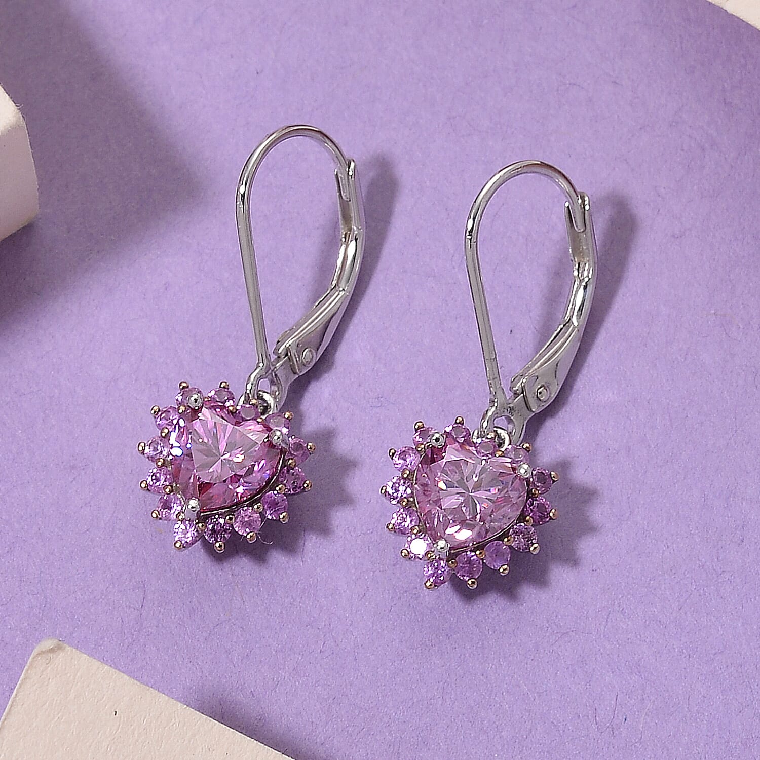 Moissanite & Pink Sapphire Heart Dangle Earrings – Romantic Sparkle & Captivating Brilliance