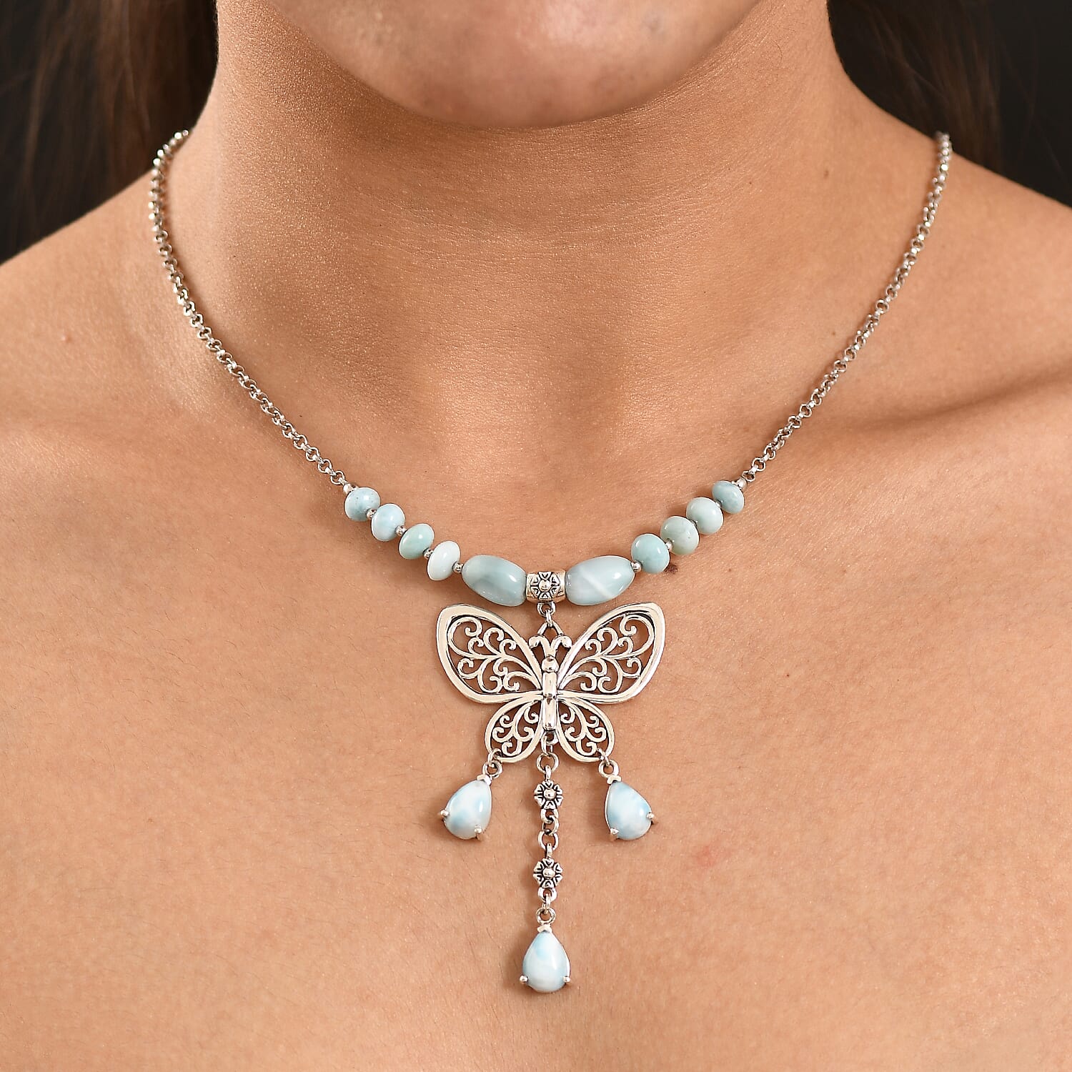 Premium Larimar Butterfly Necklace in Silver