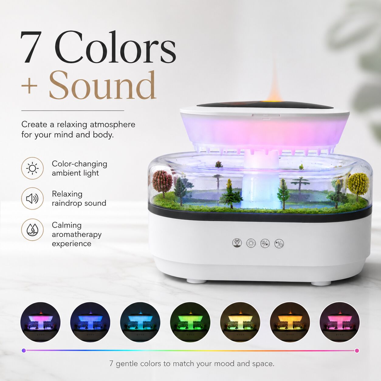 Raindrop Aroma Diffuser – 7-Color Light & White Noise