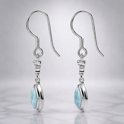 Larimar and White Zircon J-Hook Dangling Earrings in 925 Silver