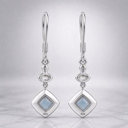 Larimar and White Zircon J-Hook Dangling Earrings in 925 Silver