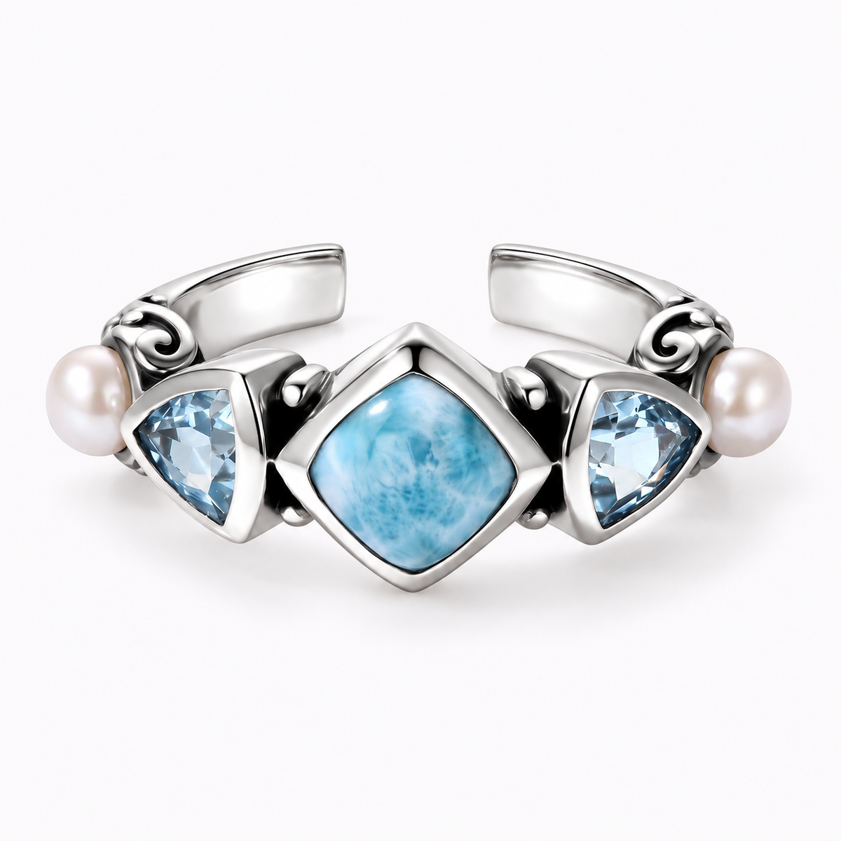 Larimar Ring - Sterling Silver with Freshwater Pearls