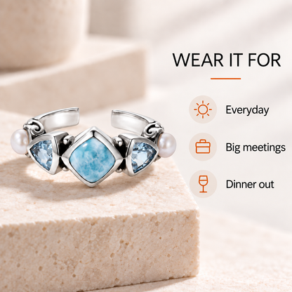 Larimar Ring - Sterling Silver with Freshwater Pearls