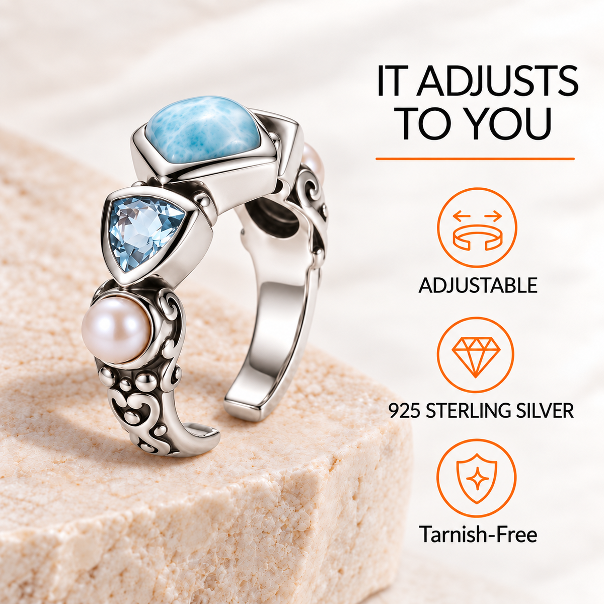 Larimar Ring - Sterling Silver with Freshwater Pearls