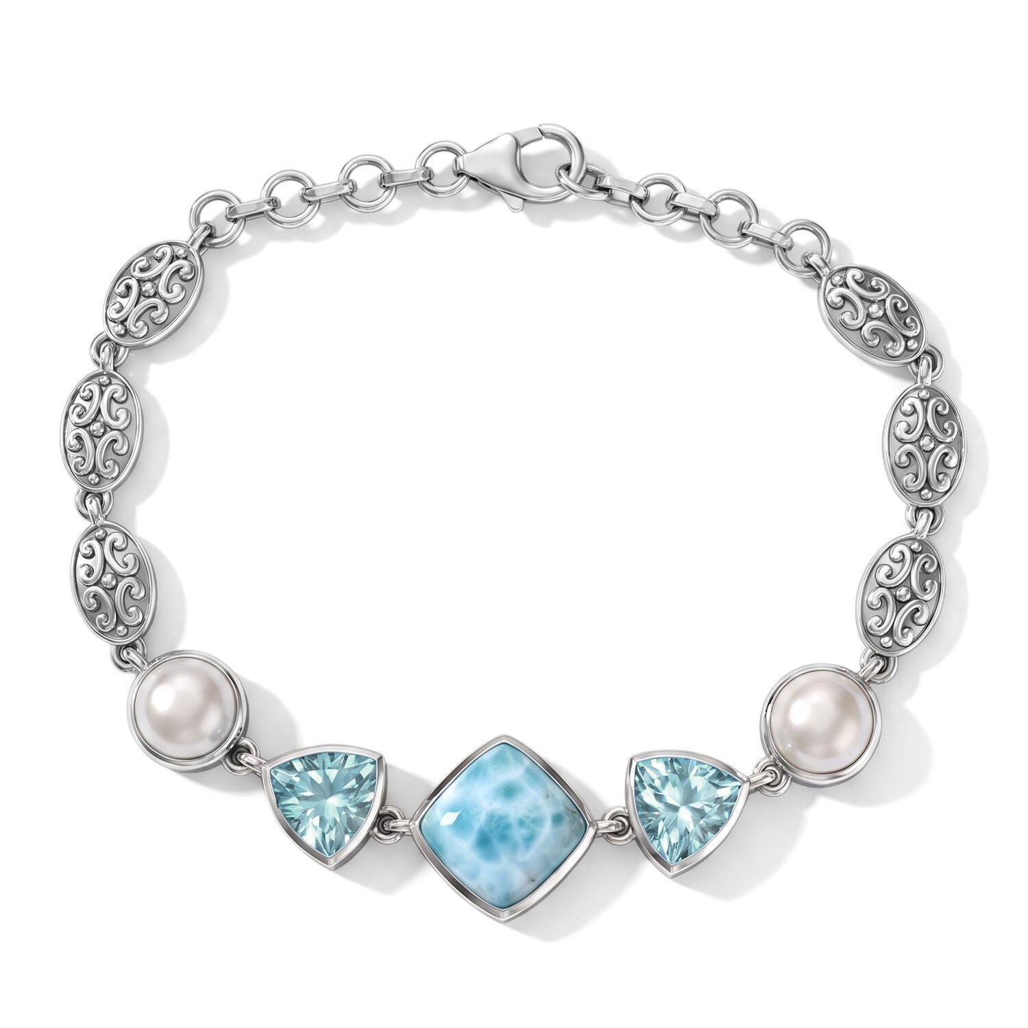 Larimar Bracelet – Sterling Silver with Blue Topaz and Pearls