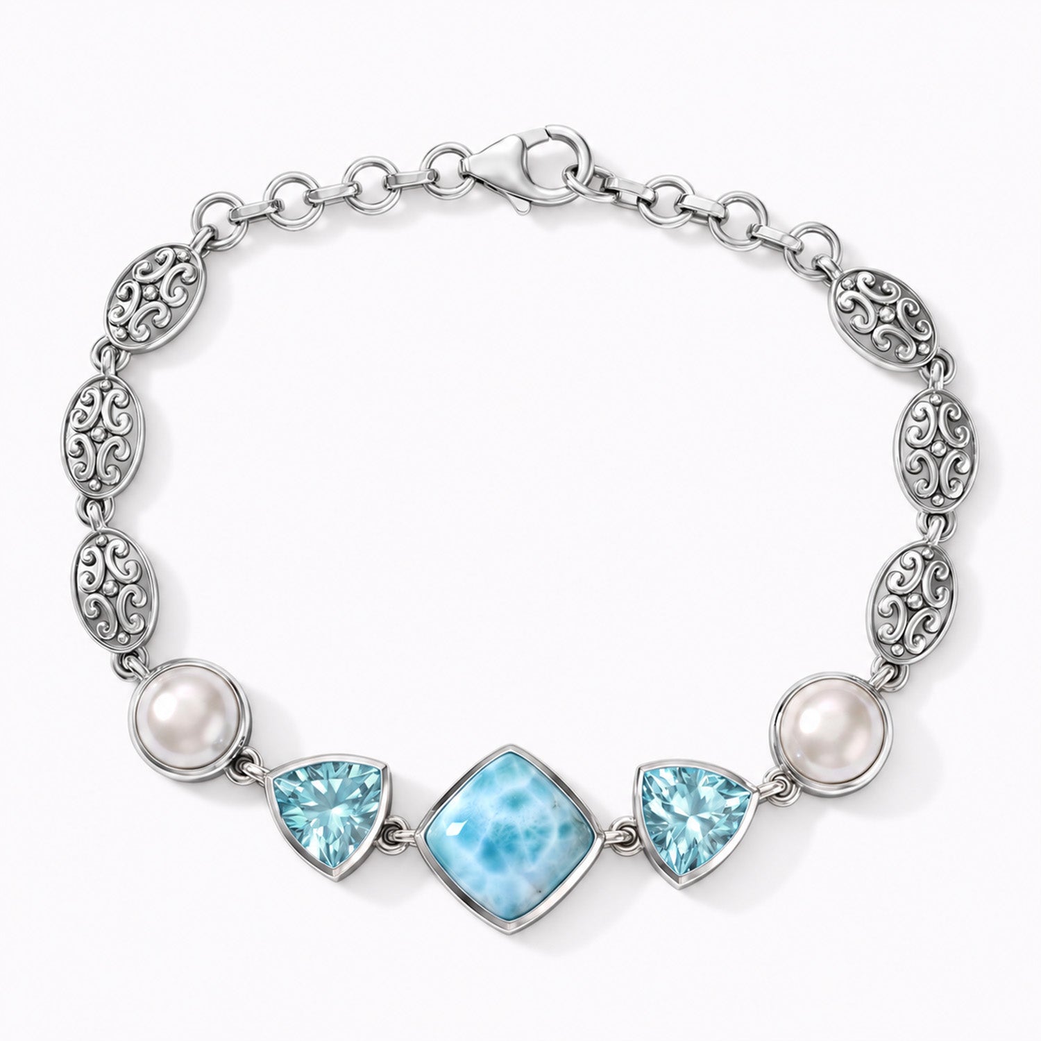 Larimar Bracelet – Sterling Silver with Blue Topaz and Pearls