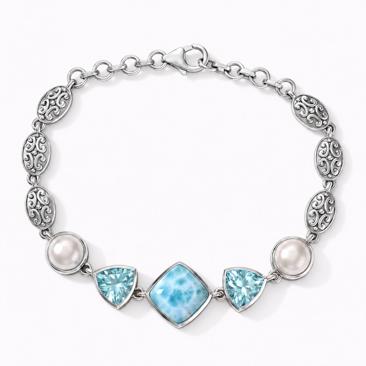 Larimar Bracelet – Sterling Silver with Blue Topaz and Pearls