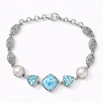 Larimar Bracelet – Sterling Silver with Blue Topaz and Pearls