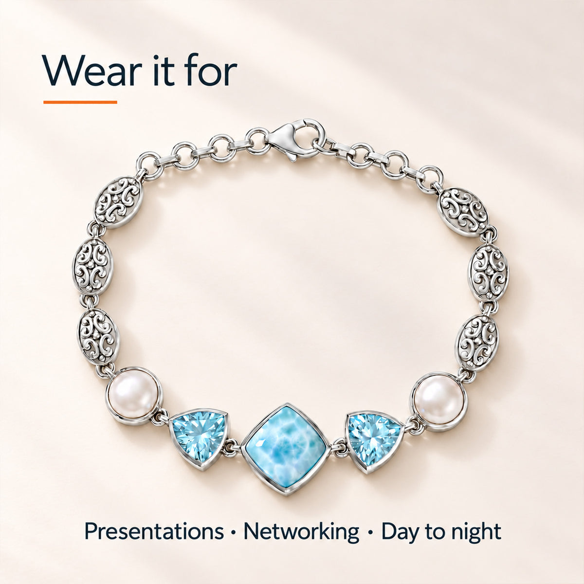 Larimar Bracelet – Sterling Silver with Blue Topaz and Pearls