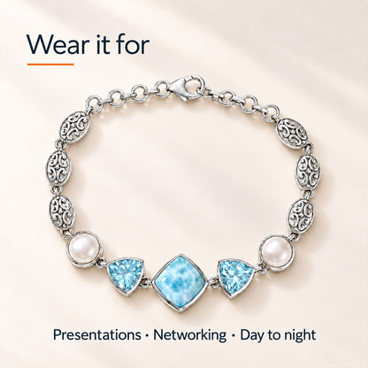 Larimar Bracelet – Sterling Silver with Blue Topaz and Pearls