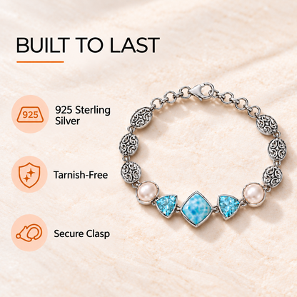 Larimar Bracelet – Sterling Silver with Blue Topaz and Pearls