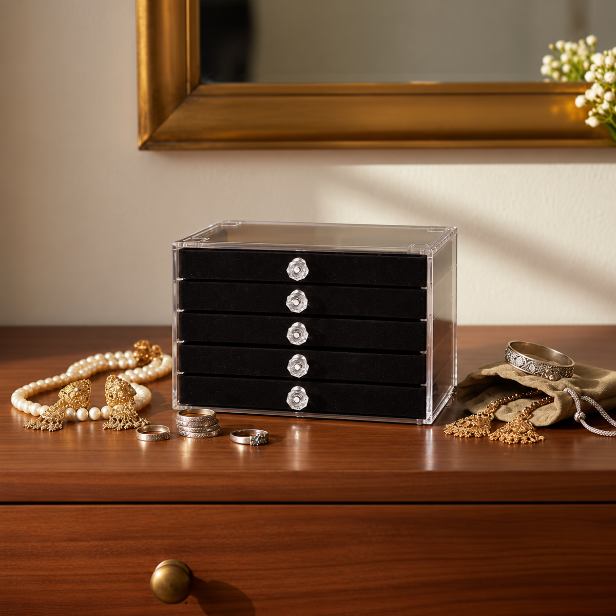 5-Layer Velvet Jewelry Organizer – Clear Dust Cover