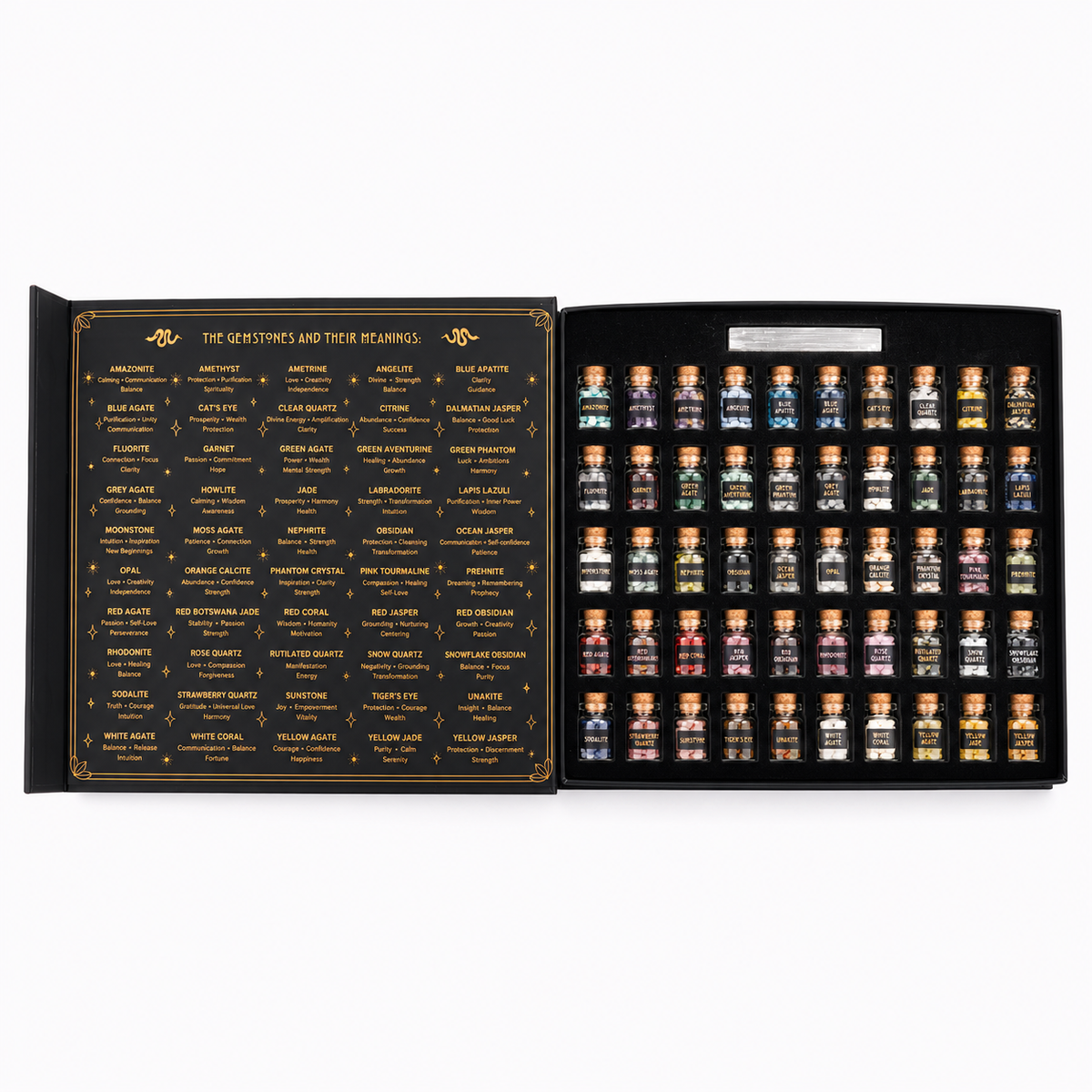 Witchcraft Crystal Kit - 50 Labeled Gemstones and Selenite