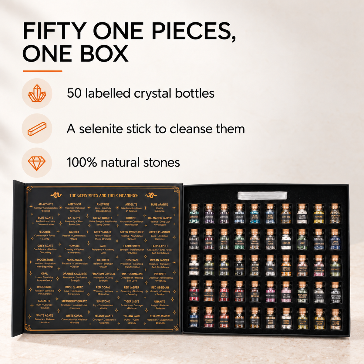 Witchcraft Crystal Kit - 50 Labeled Gemstones and Selenite