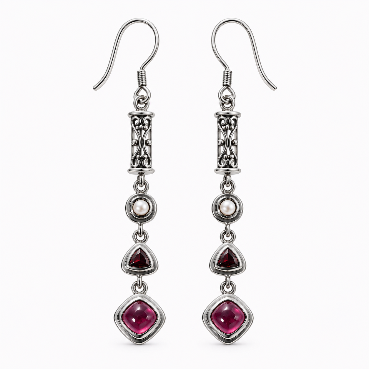 Ruby Red Pearl Drop Earrings  – Sterling Silver Jewelry