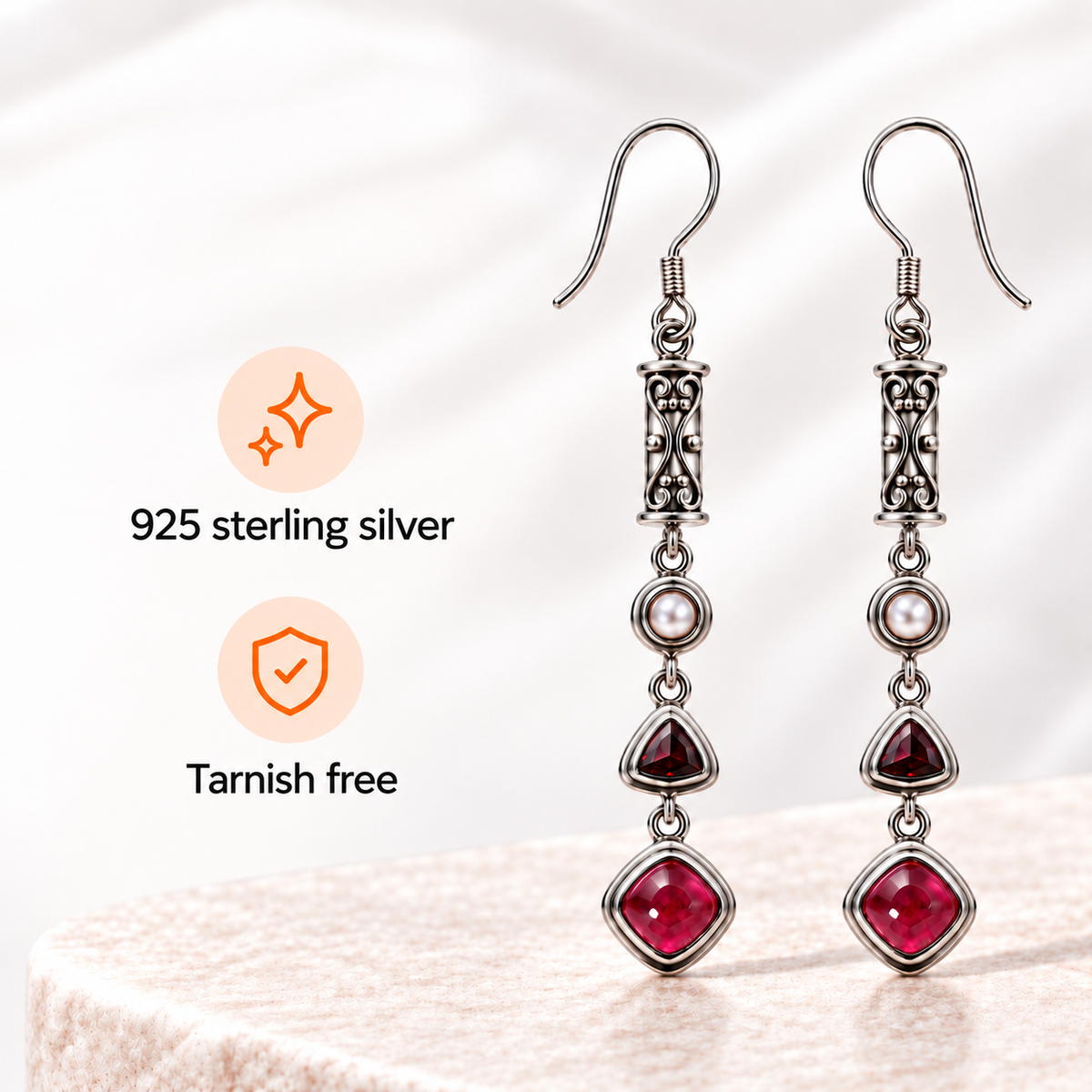 Ruby Red Pearl Drop Earrings  – Sterling Silver Jewelry