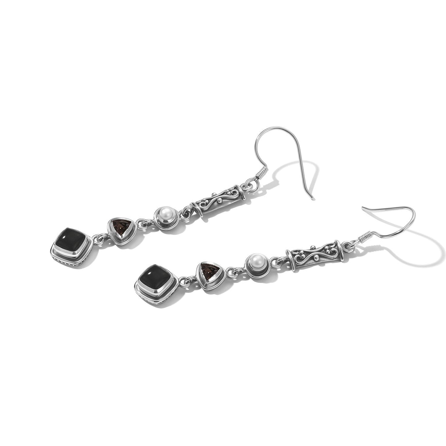Black Obsidian and  Pearl J-Hook Drop Earrings – Sterling Silver