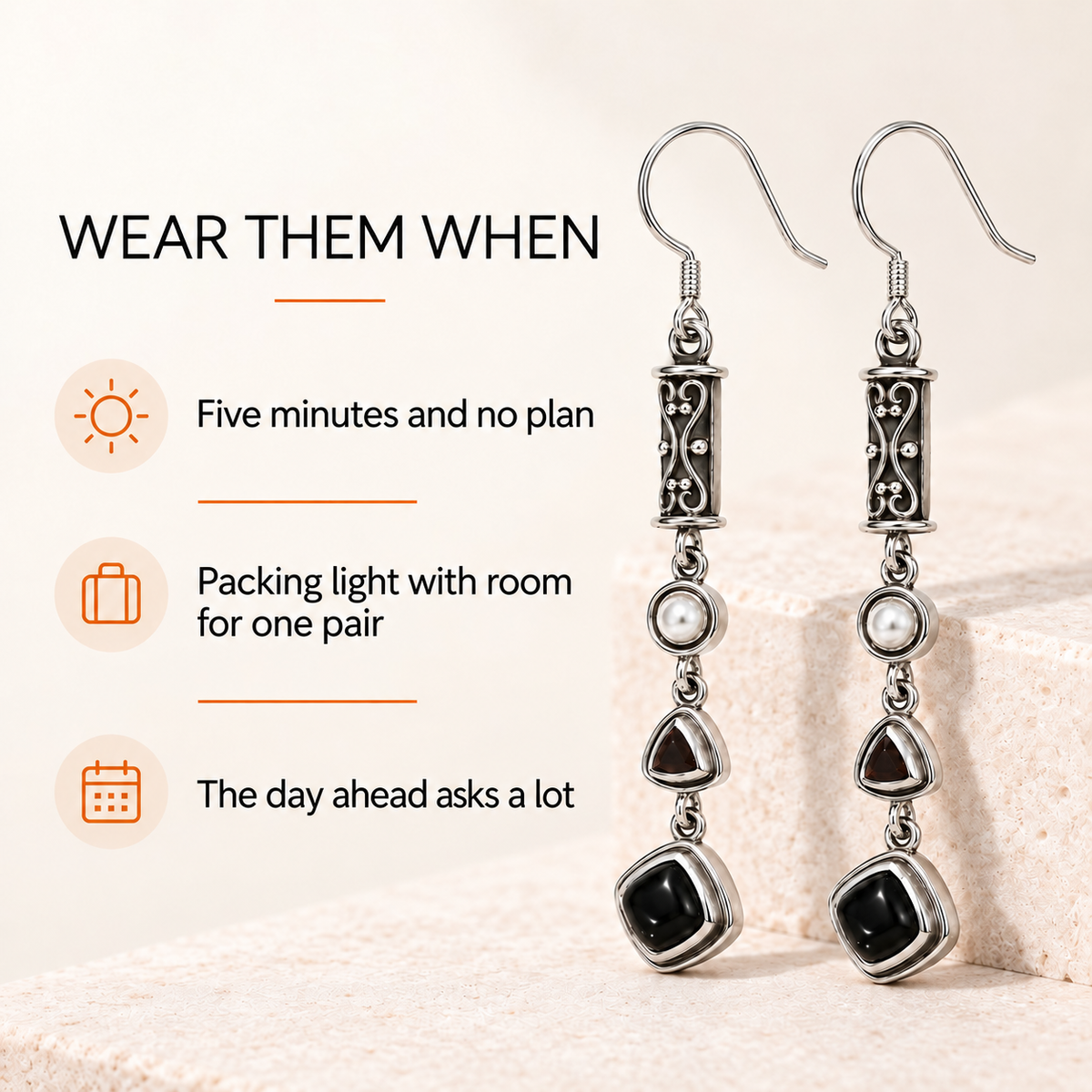 Black Obsidian and  Pearl J-Hook Drop Earrings – Sterling Silver