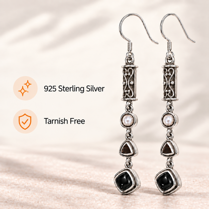 Black Obsidian and  Pearl J-Hook Drop Earrings – Sterling Silver