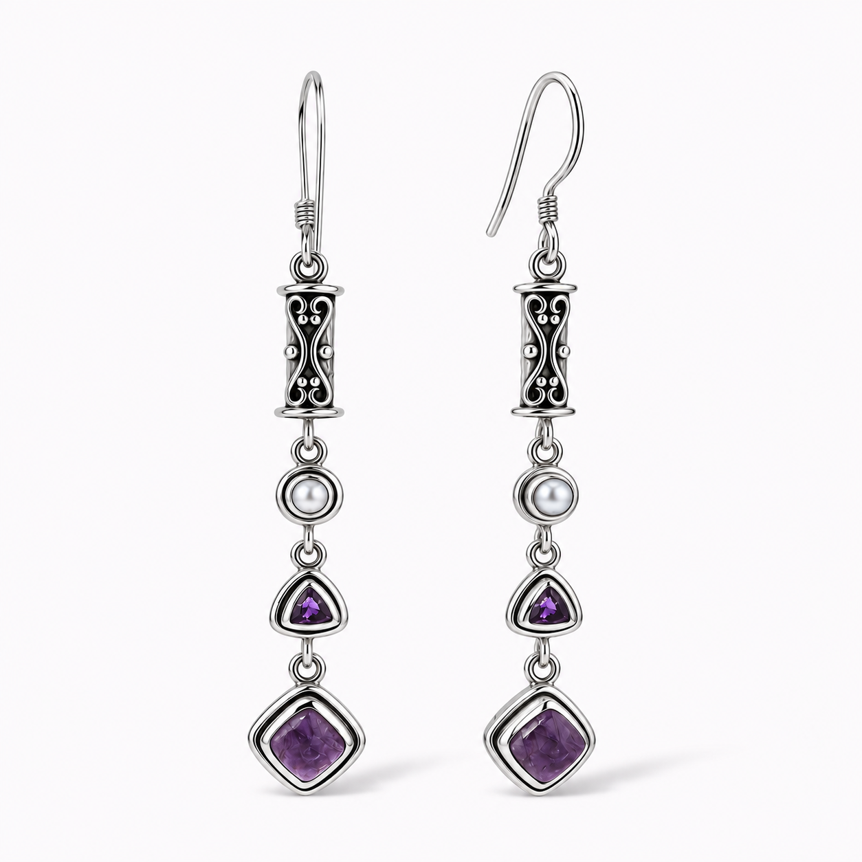 Natural Charoite, Amethyst & Pearl Earrings in Sterling Silver