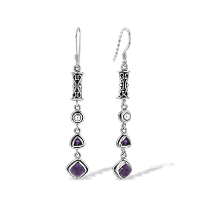 Natural Charoite, Amethyst & Pearl Earrings in Sterling Silver