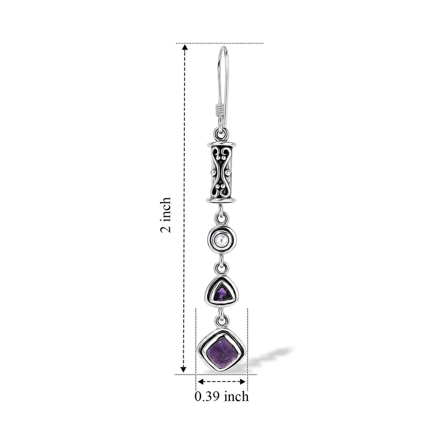 Natural Charoite, Amethyst & Pearl Earrings in Sterling Silver