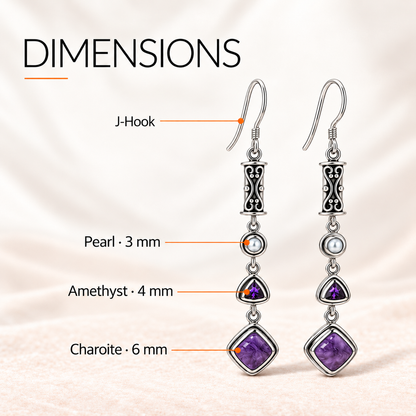 Natural Charoite, Amethyst & Pearl Earrings in Sterling Silver