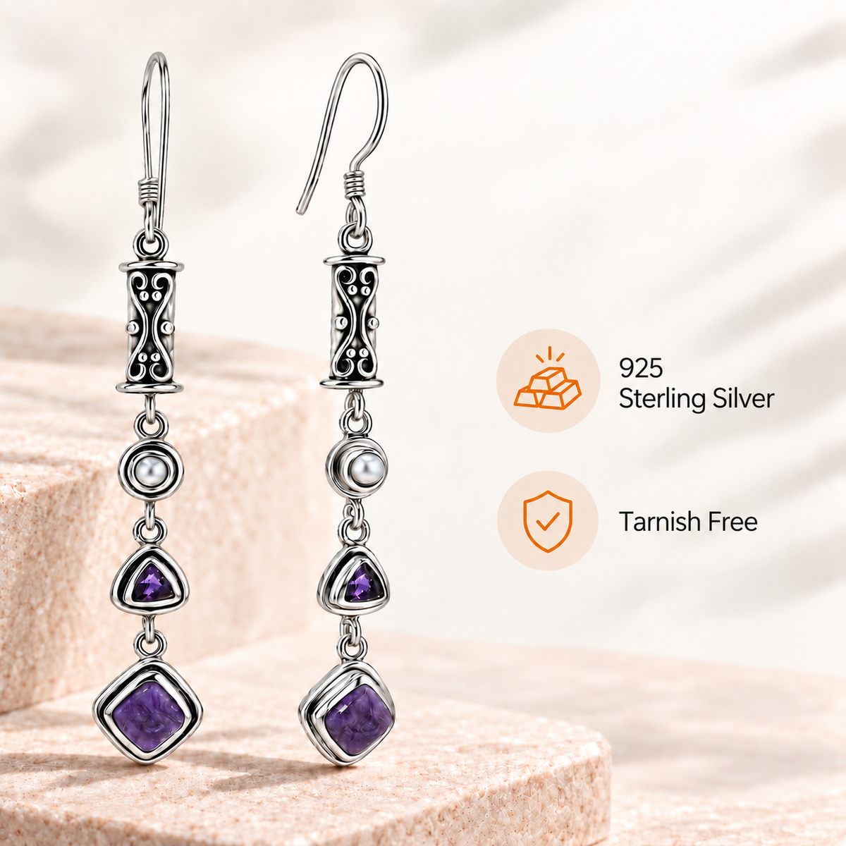 Natural Charoite, Amethyst & Pearl Earrings in Sterling Silver