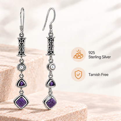 Natural Charoite, Amethyst & Pearl Earrings in Sterling Silver